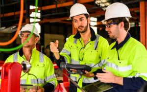Group of professional mechanical engineer team checking and repairing engine stock photo